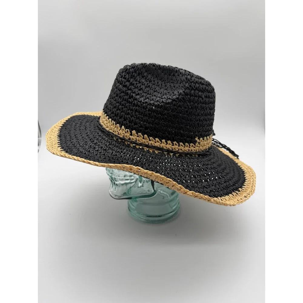 Something Special Black Straw Sun Hat Tan Trim Paper Fedora S/M Small Medium